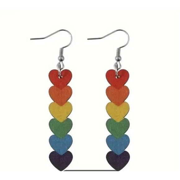 Wood RAINBOW Hearts Dangle Earrings Women Teens Heart ❤️🩵🩷💙💚💛💜 - Picture 4 of 4